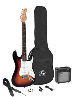 SX modell SE1SK-3TS  Stratocaster  elgitar pakke i Sunburst farge med 10 watt forsterker + utstyr.  