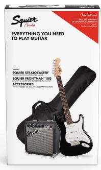 Squier Stratocaster sort elgitar med Fender Frontman 10watt forsterker.  Startpakke. 