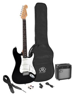 SX modell SE1SK-BK  Stratocaster  elgitar pakke i Sort blank  med 10 watt forsterker + utstyr.  